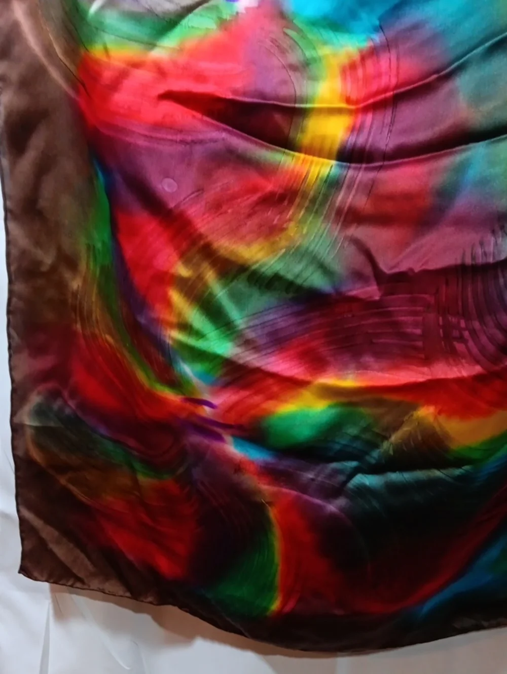 Womens Silk Large Scarf Brown Rainbow Boho Neck Sarong Headscarf Festival